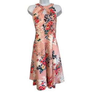 Roz & Ali Size 12 Pink Floral Sleeveless Midi Dress Soft Stretchy Full Skirt